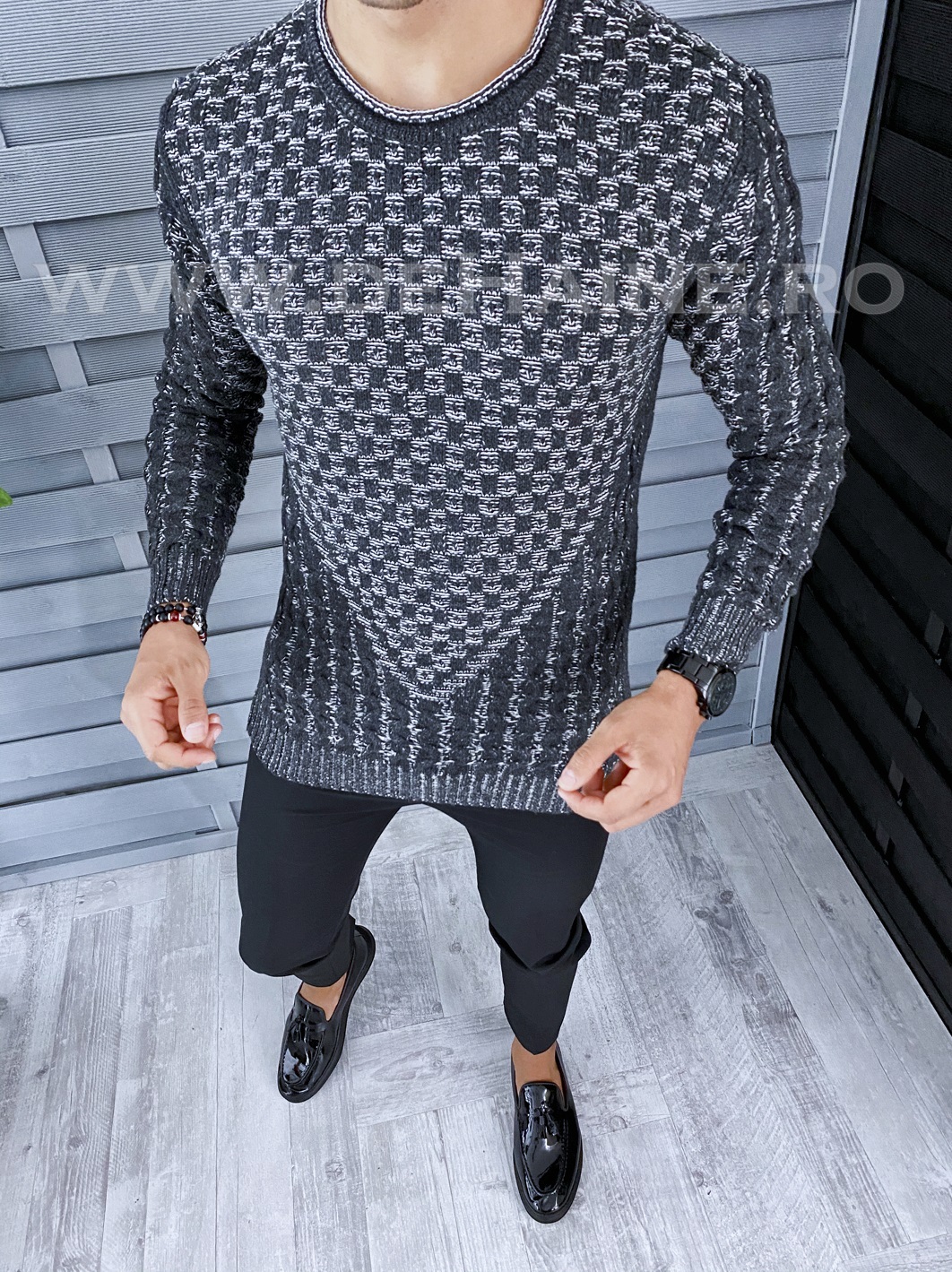 Pulover barbati gros slim fit gri inchis t3620 i17-3*